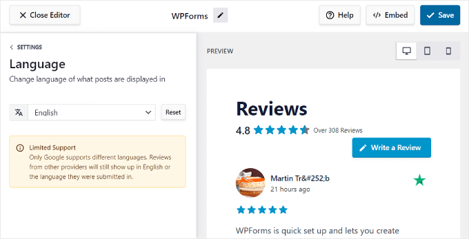 Reviews Feed Pro's language settings Reviews Feed Pro's language settings