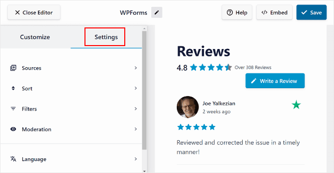 The Settings tab in the Reviews Feed Pro editor The Settings tab in the Reviews Feed Pro editor