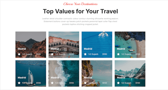 An example of a travel template, provided as part of the SeedProd page builder plugin