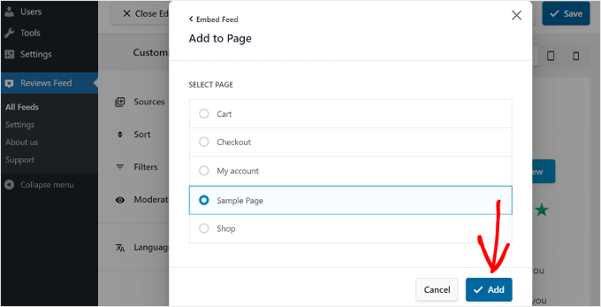 Selecting a page to add review feed to using the Reviews Feed Pro plugin Selecting a page to add review feed to using the Reviews Feed Pro plugin