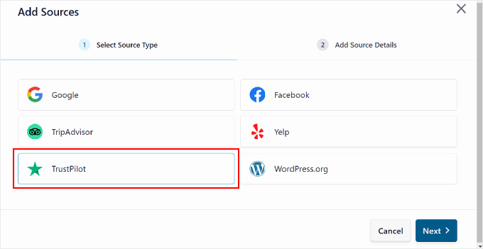 Selecting Trustpilot as a review source in the Reviews Feed pro plugin Selecting Trustpilot as a review source in the Reviews Feed pro plugin
