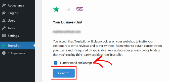 The cookie confirmation step when setting up Trustpilot The cookie confirmation step when setting up Trustpilot