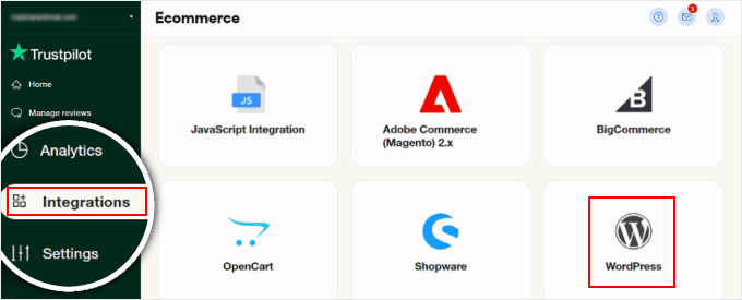 Selecting WordPress in the eCommerce integrations menu in Trustpilot Selecting WordPress in the eCommerce integrations menu in Trustpilot