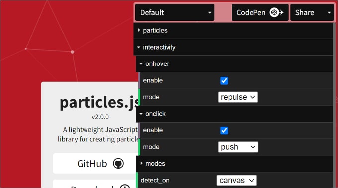 Setările de interactivitate ale particulelor pe site-ul lui Vincent Garreau