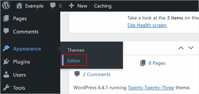 Selecting the Full-Site Editor from the WordPress admin panel Selecting the Full-Site Editor from the WordPress admin panel