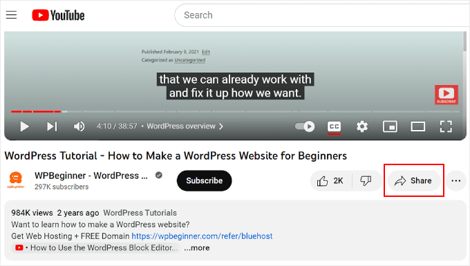 Apăsarea butonului de partajare YouTube