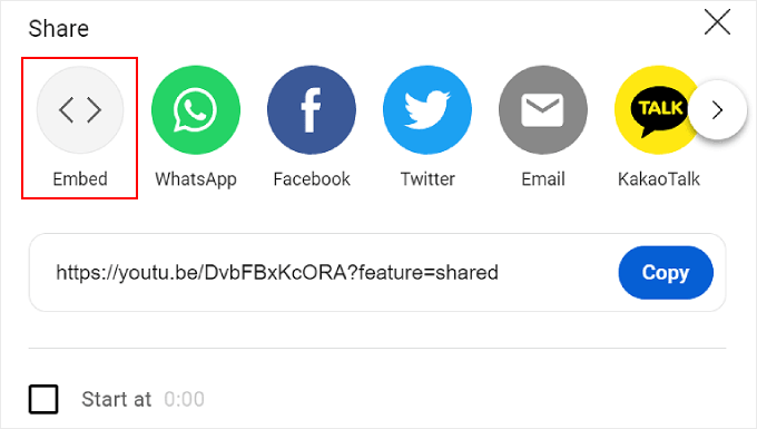 Apăsarea opțiunii Încorporare în fereastra pop-up de partajare YouTube