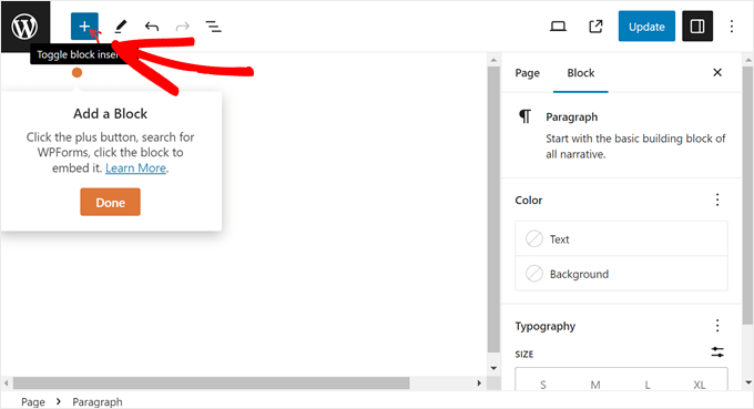 ブロックエディターで追加ブロックボタンをクリックして WPForms ブロックを挿入する