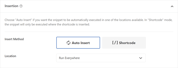 Choosing between Auto Insert or Shortcode insert methods in WPCode Choosing between Auto Insert or Shortcode insert methods in WPCode