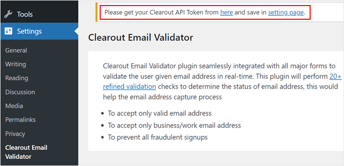 Clearout Email Validator's notification message about getting an API token Clearout Email Validator's notification message about getting an API token