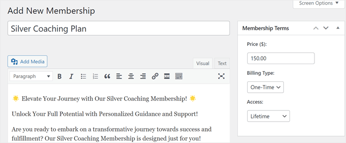 Creating a new membership plan on MemberPress Creating a new membership plan on MemberPress
