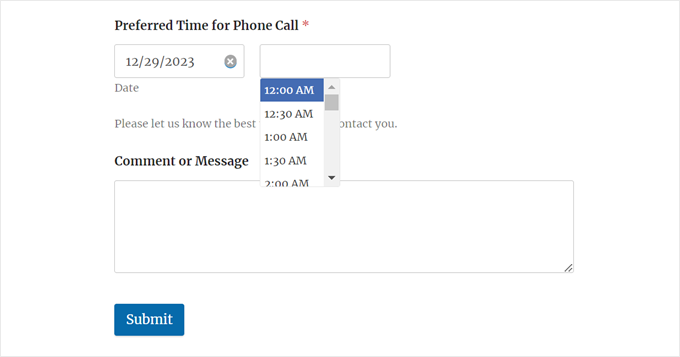 WPFormsのデフォルトの時間ドロップダウンピッカー
