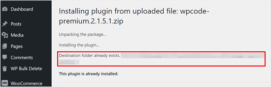 Example of the Destination folder already exists error in WordPress Example of the Destination folder already exists error in WordPress