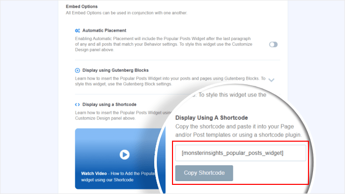 Copying the popular posts widget shortcode in MonsterInsights Copying the popular posts widget shortcode in MonsterInsights
