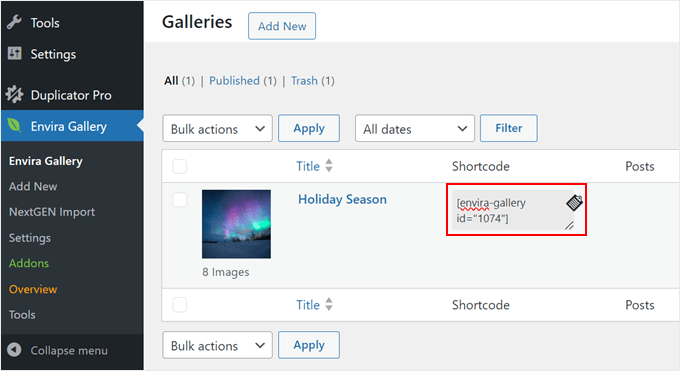 Enviraギャラリーのショートコードをコピーする