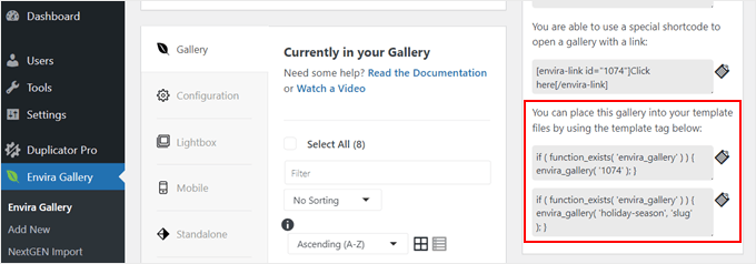 ギャラリーエディターでのEnviraギャラリーテンプレートタグ