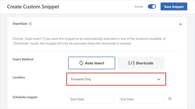 Choosing Frontend Only as the code insertion location in WPCode Choosing Frontend Only as the code insertion location in WPCode