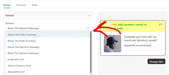 Alegerea unei poziții pentru bump-ul comenzii FunnelKit
