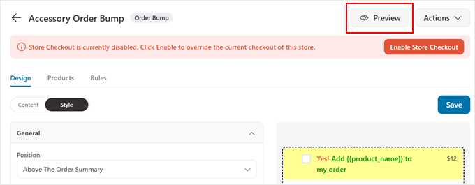 Apăsarea butonului Previzualizare pentru a vedea oferta suplimentară la comandă FunnelKit