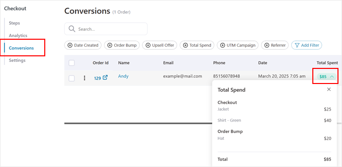 Secțiunea de analiză a conversiilor în FunnelKit