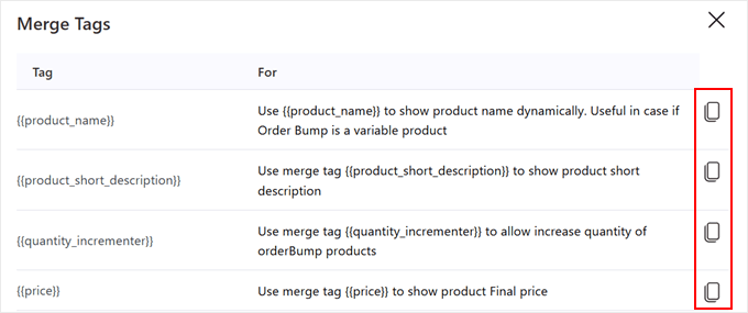 Copierea etichetelor de îmbinare (merge tags) pentru produsul suplimentar (order bump) din FunnelKit