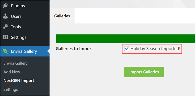 NextGENギャラリーがEnviraにインポートされたときに表示される成功メッセージ