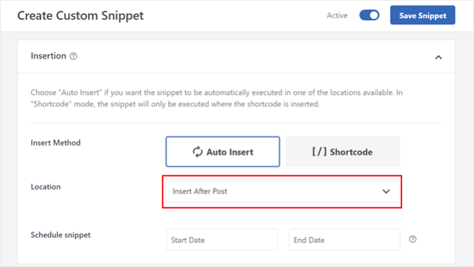 Choosing Insert After Post as the code insertion location in WPCode Choosing Insert After Post as the code insertion location in WPCode