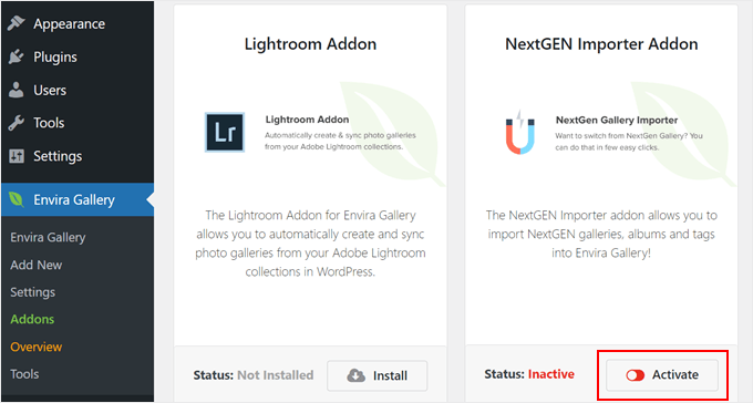 Envira Gallery の NextGEN Importer アドオンを有効にする