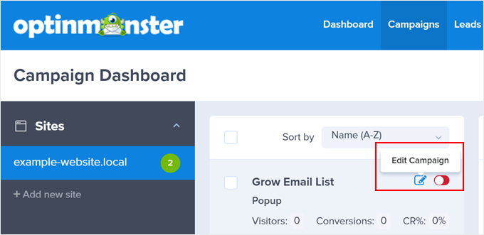 Clicking the Edit Campaign button in OptinMonster Clicking the Edit Campaign button in OptinMonster