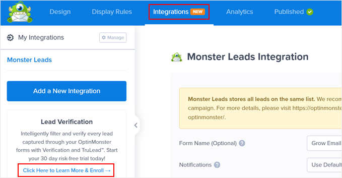 Enabling the Lead Verification add-on in OptinMonster Enabling the Lead Verification add-on in OptinMonster