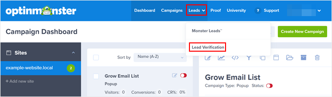 The Lead Verification menu in OptinMonster The Lead Verification menu in OptinMonster