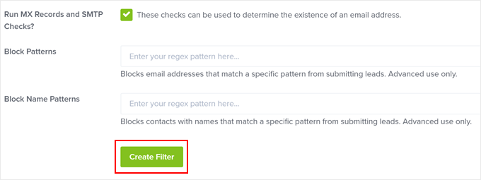 Clicking the Create Filter button in OptinMonster Clicking the Create Filter button in OptinMonster