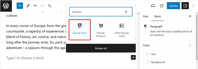 Adding MonsterInsights' popular posts block in the WordPress block editor Adding MonsterInsights' popular posts block in the WordPress block editor