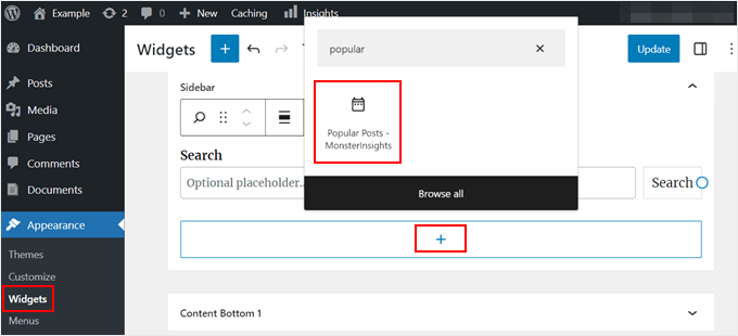 Adding the MonsterInsights popular posts widget to the sidebar area Adding the MonsterInsights popular posts widget to the sidebar area