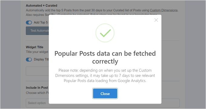 Popular posts data can be fetched correctly popup message in MonsterInsights Popular posts data can be fetched correctly popup message in MonsterInsights