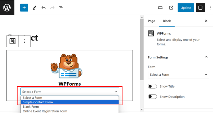 ブロックエディターに挿入する WPForms フォームを選択します