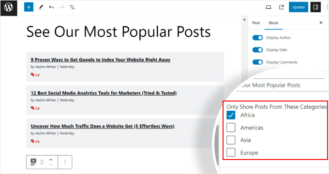 Choosing to only display posts from certain categories in the MonsterInsights popular posts widget Choosing to only display posts from certain categories in the MonsterInsights popular posts widget