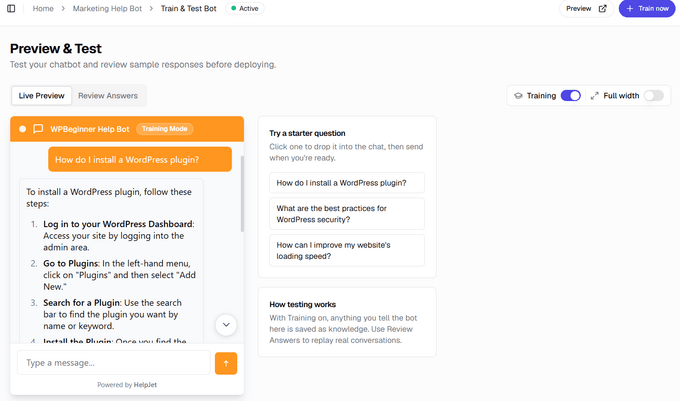 Testarea chatbot-ului dvs. HelpJet