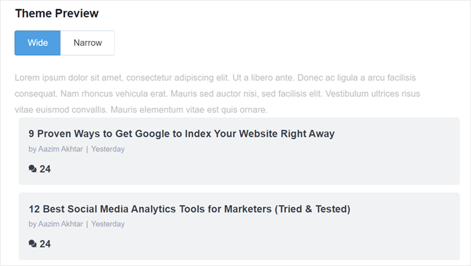 Previewing the popular posts widget theme in MonsterInsights Previewing the popular posts widget theme in MonsterInsights