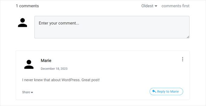 Example of a comment after the Thrive Comments plugin is activated Example of a comment after the Thrive Comments plugin is activated