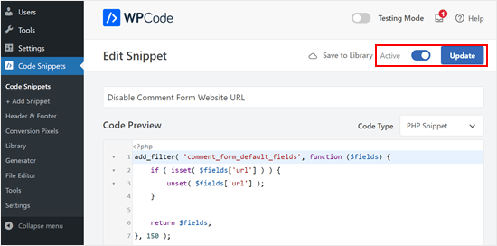 Activating the Disable Website URL Comment Form code snippet in WPCode Activating the Disable Website URL Comment Form code snippet in WPCode