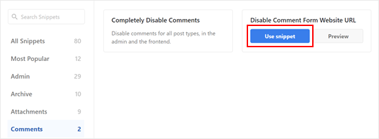 Clicking 'Use snippet' in the Disable Comment Form Website URL code snippet in WPCode Clicking 'Use snippet' in the Disable Comment Form Website URL code snippet in WPCode