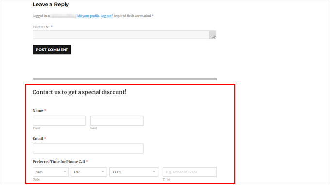 日付ピッカーフィールド付きのWPFormsフォームウィジェットの例