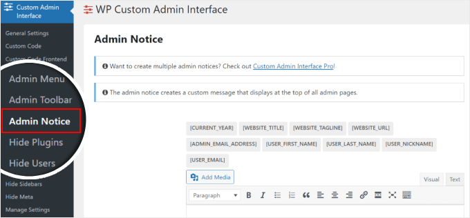 The WP Custom Admin plugin settings for admin notices The WP Custom Admin plugin settings for admin notices