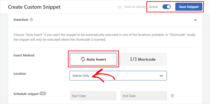 Choosing Auto Insert and Admin Only in WPCode Choosing Auto Insert and Admin Only in WPCode