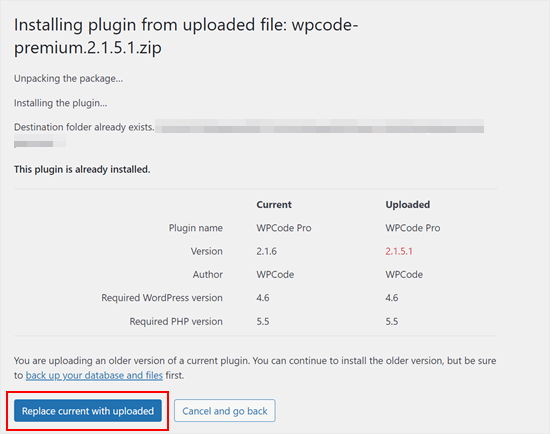 Clicking the Replace current with uploaded button in WordPress Clicking the Replace current with uploaded button in WordPress
