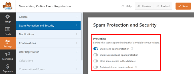 WPForms' Spam Protection features WPForms' Spam Protection features