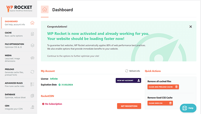 Tabloul de bord WP Rocket Tabloul de bord WP Rocket