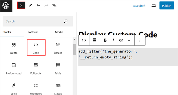 Ajouter le bloc de code dans WordPress Ajouter le bloc de code dans WordPress