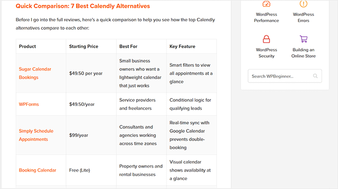 Un exemple de tableau utilisé sur WPBeginner pour promouvoir des produits